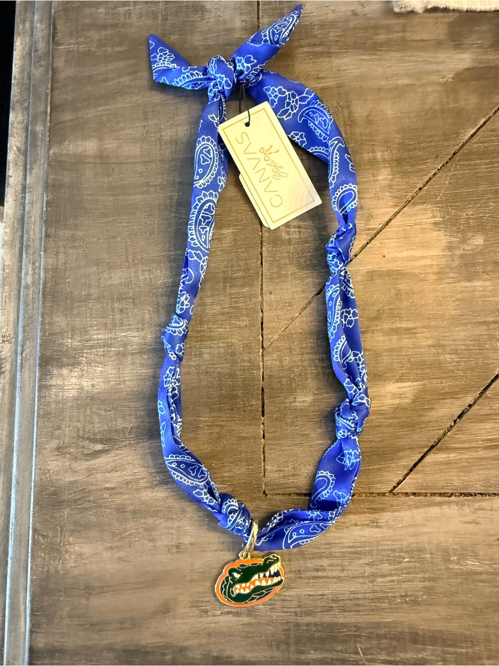 Royal Blue Paisley Bandana Necklace with florida Gator Pendant. 18k gold NEW